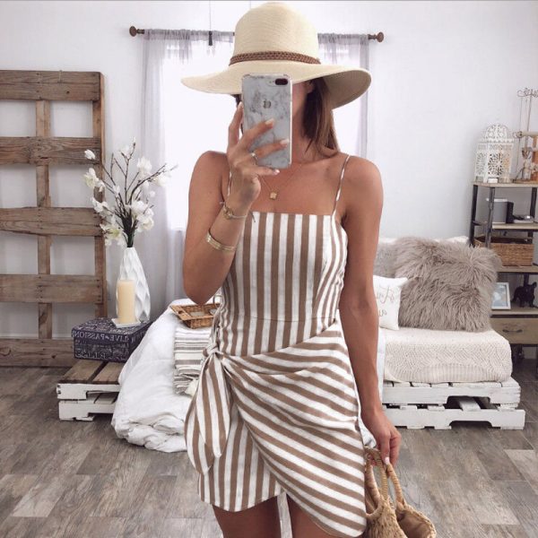 The Best Women Summer Sleeveless Casual Dress Ladies Holiday High Waist Striped Beach Slim Mini Dress Sundress Women Clothing Online - Takalr