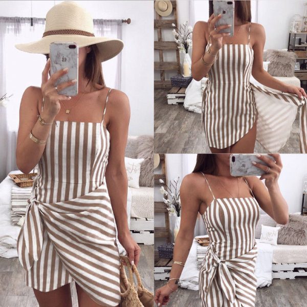 The Best Women Summer Sleeveless Casual Dress Ladies Holiday High Waist Striped Beach Slim Mini Dress Sundress Women Clothing Online - Takalr