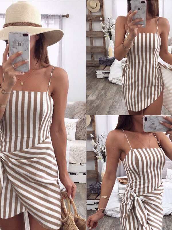 The Best Women Summer Sleeveless Casual Dress Ladies Holiday High Waist Striped Beach Slim Mini Dress Sundress Women Clothing Online - Takalr