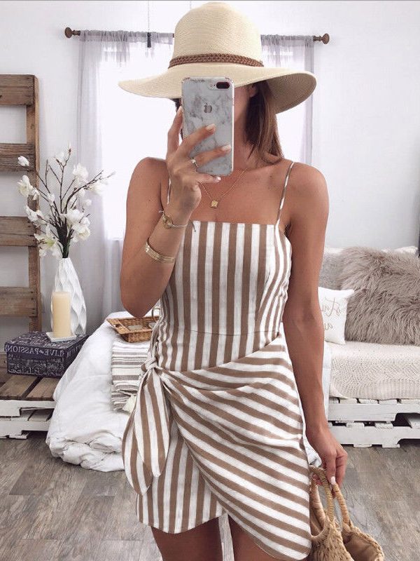 The Best Women Summer Sleeveless Casual Dress Ladies Holiday High Waist Striped Beach Slim Mini Dress Sundress Women Clothing Online - Takalr