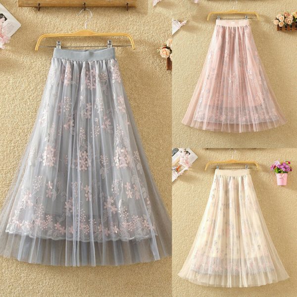 The Best Women Summer Stretch High Waist Maxi Skirts Pleated Beachwear Chiffon Long Casual Floral Print Mesh Skirt Online - Takalr