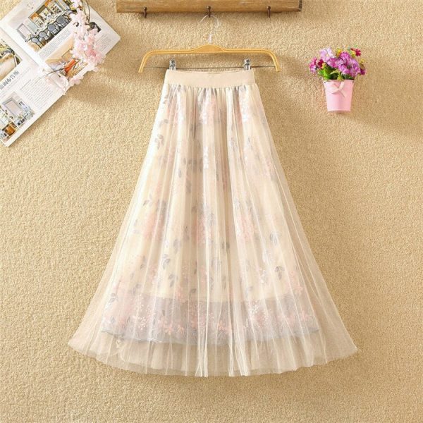 The Best Women Summer Stretch High Waist Maxi Skirts Pleated Beachwear Chiffon Long Casual Floral Print Mesh Skirt Online - Takalr