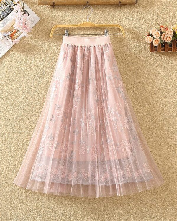 The Best Women Summer Stretch High Waist Maxi Skirts Pleated Beachwear Chiffon Long Casual Floral Print Mesh Skirt Online - Takalr