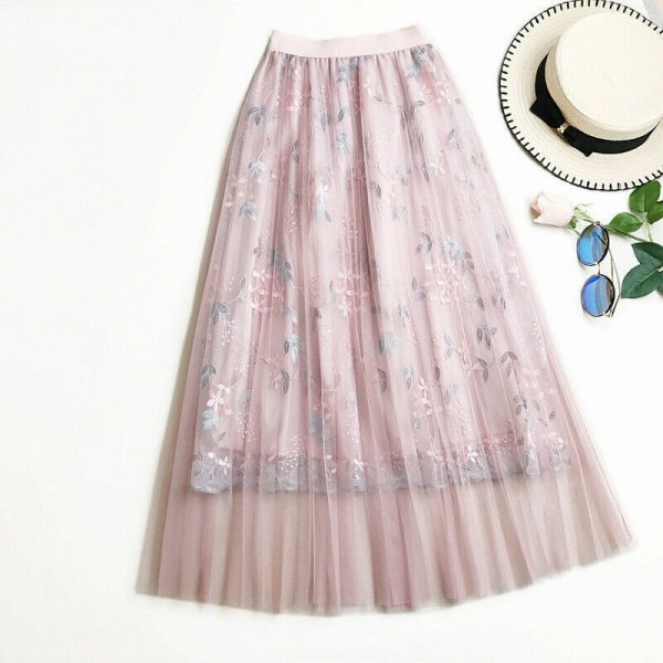 The Best Women Summer Stretch High Waist Maxi Skirts Pleated Beachwear Chiffon Long Casual Floral Print Mesh Skirt Online - Takalr