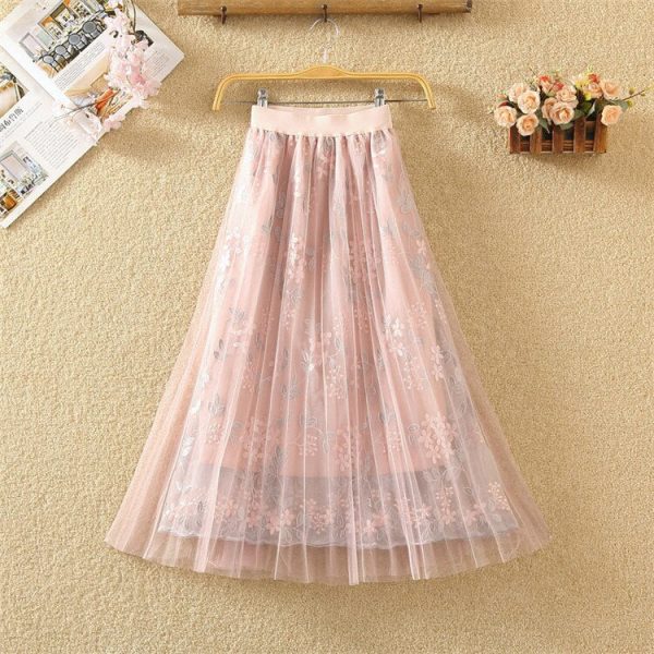 The Best Women Summer Stretch High Waist Maxi Skirts Pleated Beachwear Chiffon Long Casual Floral Print Mesh Skirt Online - Takalr