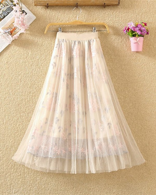 The Best Women Summer Stretch High Waist Maxi Skirts Pleated Beachwear Chiffon Long Casual Floral Print Mesh Skirt Online - Takalr