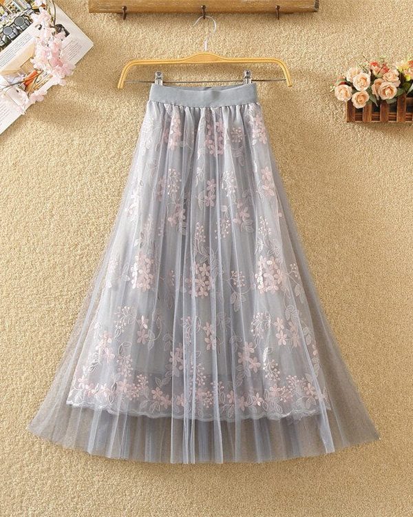 The Best Women Summer Stretch High Waist Maxi Skirts Pleated Beachwear Chiffon Long Casual Floral Print Mesh Skirt Online - Takalr