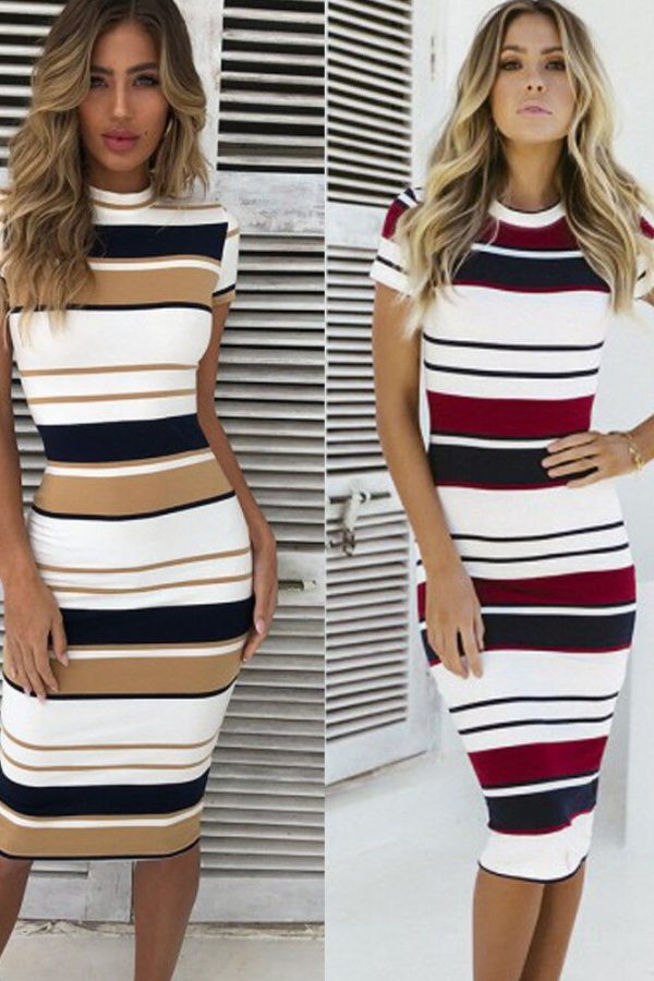 The Best Women Summer Stripe Bodycon Dress Vestidos Short Sleeve Ladies Knee Length Dress Plain Jersey Stretch Basic Dress Online - Takalr