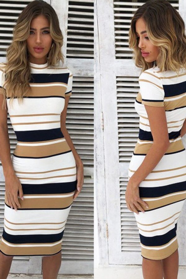 The Best Women Summer Stripe Bodycon Dress Vestidos Short Sleeve Ladies Knee Length Dress Plain Jersey Stretch Basic Dress Online - Takalr