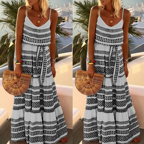 The Best Women Summer Stripe Boho Dress Backless Sleeveless Beachwear Fashion Ladies Holiday Beach High Waist Loose Sundress Online - Takalr