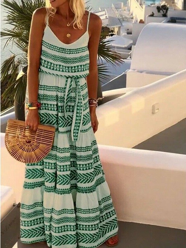 The Best Women Summer Stripe Boho Dress Backless Sleeveless Beachwear Fashion Ladies Holiday Beach High Waist Loose Sundress Online - Takalr