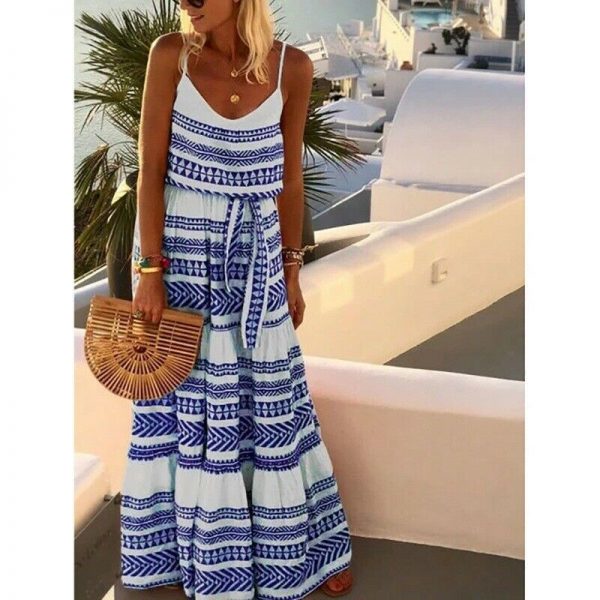 The Best Women Summer Stripe Boho Dress Backless Sleeveless Beachwear Fashion Ladies Holiday Beach High Waist Loose Sundress Online - Takalr