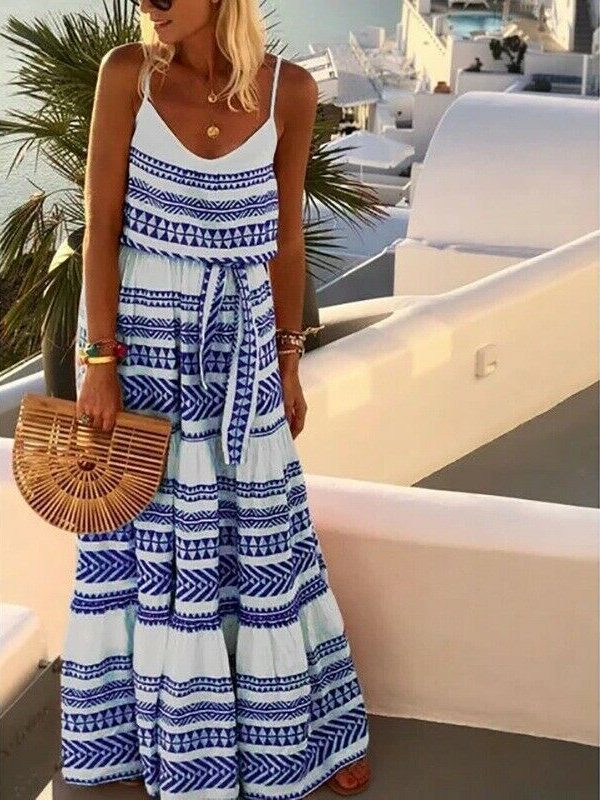 The Best Women Summer Stripe Boho Dress Backless Sleeveless Beachwear Fashion Ladies Holiday Beach High Waist Loose Sundress Online - Takalr