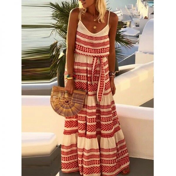 The Best Women Summer Stripe Boho Dress Backless Sleeveless Beachwear Fashion Ladies Holiday Beach High Waist Loose Sundress Online - Takalr