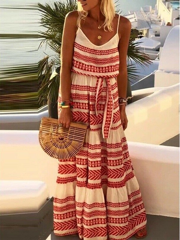 The Best Women Summer Stripe Boho Dress Backless Sleeveless Beachwear Fashion Ladies Holiday Beach High Waist Loose Sundress Online - Takalr