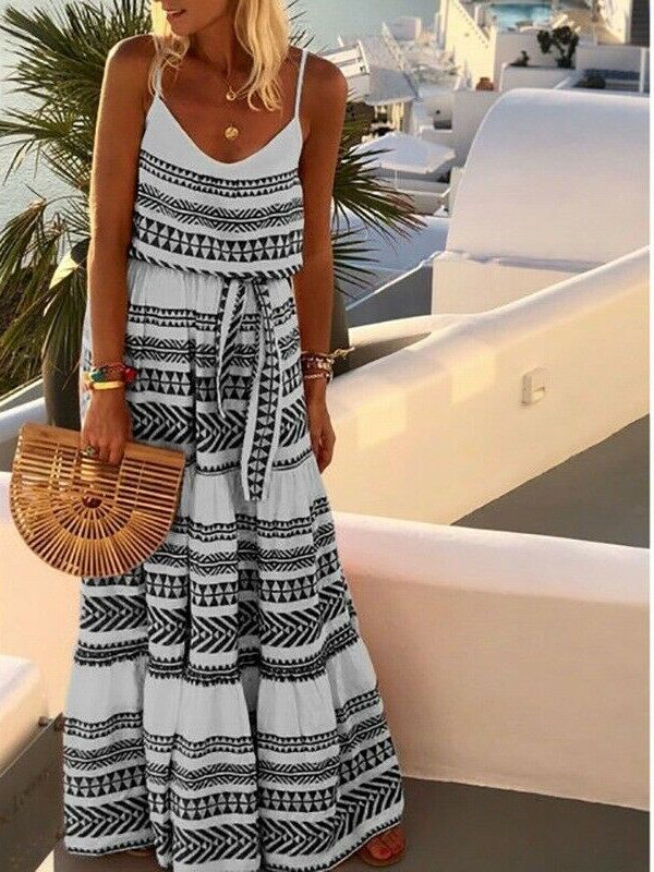 The Best Women Summer Stripe Boho Dress Backless Sleeveless Beachwear Fashion Ladies Holiday Beach High Waist Loose Sundress Online - Takalr