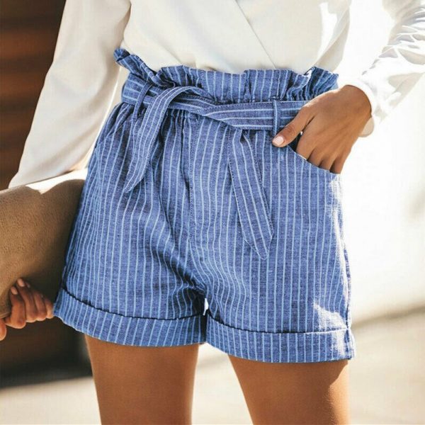 The Best Women Summer Striped Shorts Fashion High Waist Trouser Holiday Beach Drawstring High Waist Casual Loose Hot Shorts Online - Takalr