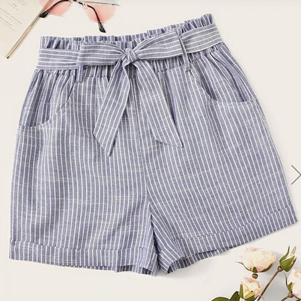 The Best Women Summer Striped Shorts Fashion High Waist Trouser Holiday Beach Drawstring High Waist Casual Loose Hot Shorts Online - Takalr