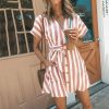 The Best Women Summer Striped V Neck Dress Casual Button Short Sleeve Loose Dress Fashion Women Clothes Mini Sundress Online - Takalr