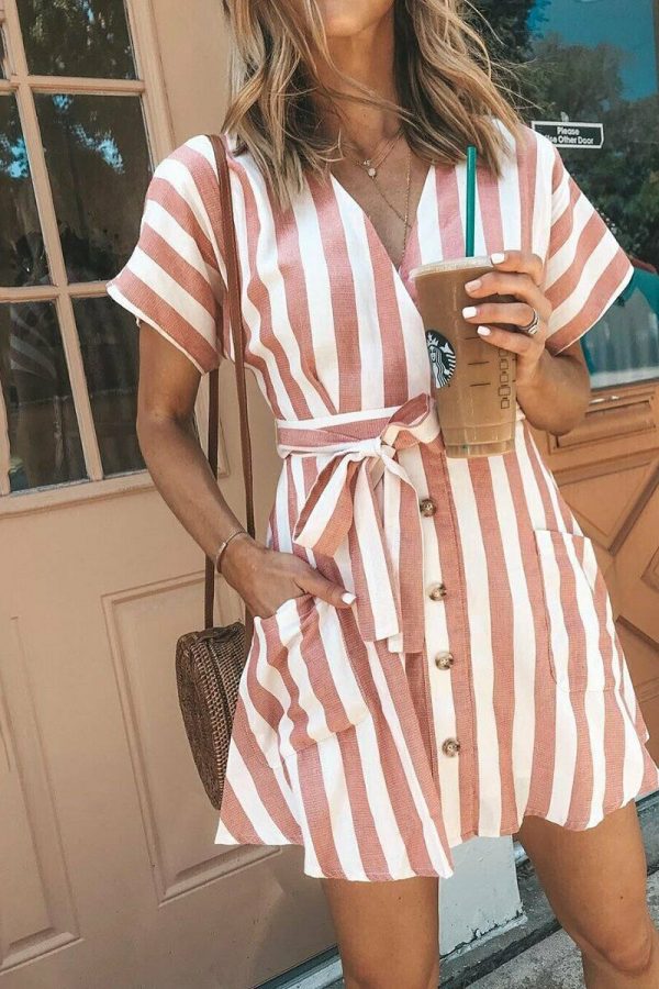 The Best Women Summer Striped V Neck Dress Casual Button Short Sleeve Loose Dress Fashion Women Clothes Mini Sundress Online - Takalr