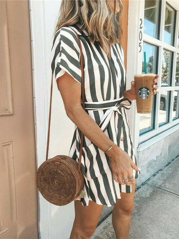 The Best Women Summer Striped V Neck Dress Casual Button Short Sleeve Loose Dress Fashion Women Clothes Mini Sundress Online - Takalr