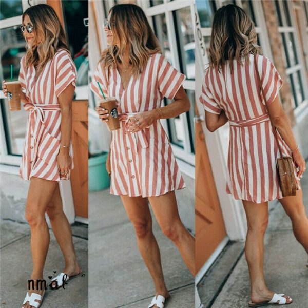 The Best Women Summer Striped V Neck Dress Casual Button Short Sleeve Loose Dress Fashion Women Clothes Mini Sundress Online - Takalr