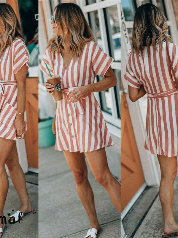 The Best Women Summer Striped V Neck Dress Casual Button Short Sleeve Loose Dress Fashion Women Clothes Mini Sundress Online - Takalr