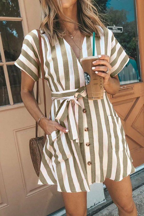 The Best Women Summer Striped V Neck Dress Casual Button Short Sleeve Loose Dress Fashion Women Clothes Mini Sundress Online - Takalr