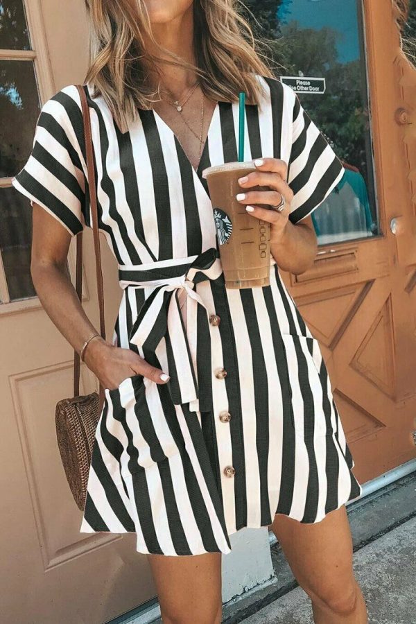 The Best Women Summer Striped V Neck Dress Casual Button Short Sleeve Loose Dress Fashion Women Clothes Mini Sundress Online - Takalr