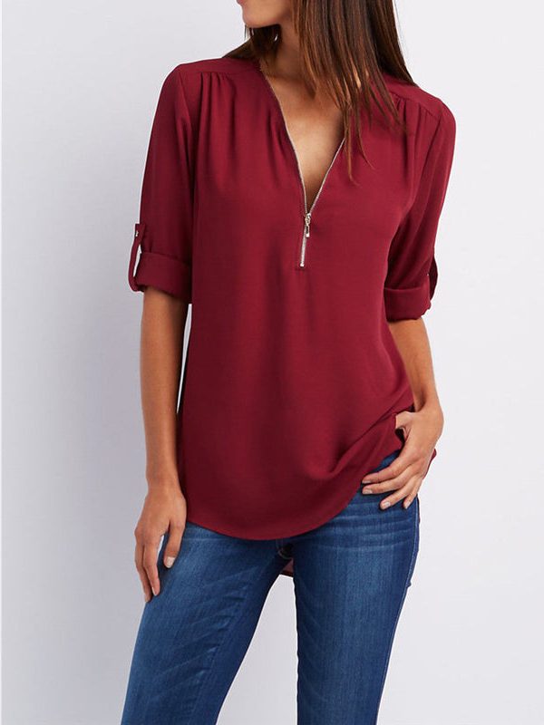 The Best Women Summer Tops V Collar Zipper Roll Up Shirt Long Sleeves Loose Shirt New Fashion Ladies Casual Tops T-Shirt Online - Takalr