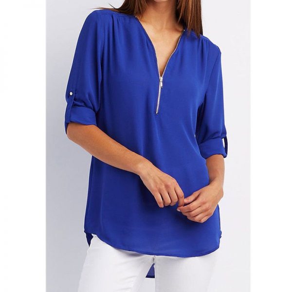 The Best Women Summer Tops V Collar Zipper Roll Up Shirt Long Sleeves Loose Shirt New Fashion Ladies Casual Tops T-Shirt Online - Takalr