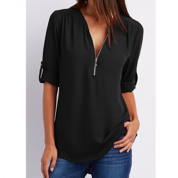 The Best Women Summer Tops V Collar Zipper Roll Up Shirt Long Sleeves Loose Shirt New Fashion Ladies Casual Tops T-Shirt Online - Takalr