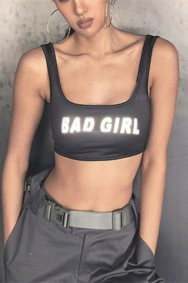 The Best Women Summer Vest Top Letter Printed Sport Fitness U-Neck Sleeveless Tops Fashion Cool Girls 3M reflection Crop Top Online - Takalr