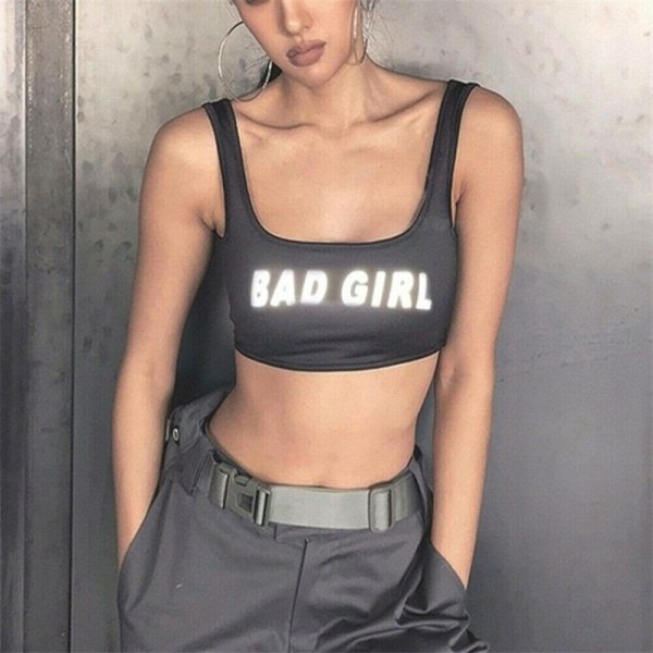 The Best Women Summer Vest Top Letter Printed Sport Fitness U-Neck Sleeveless Tops Fashion Cool Girls 3M reflection Crop Top Online - Takalr