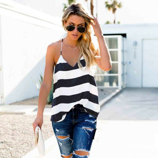 The Best Women Summer Vest Top Striped Sleeveless Tee Shirt Blouse Ladies Beach Casual V-Neck Loose Tank Tops T-Shirt Online - Takalr