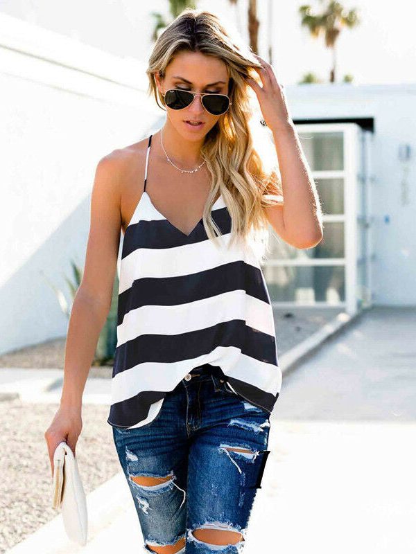 The Best Women Summer Vest Top Striped Sleeveless Tee Shirt Blouse Ladies Beach Casual V-Neck Loose Tank Tops T-Shirt Online - Takalr