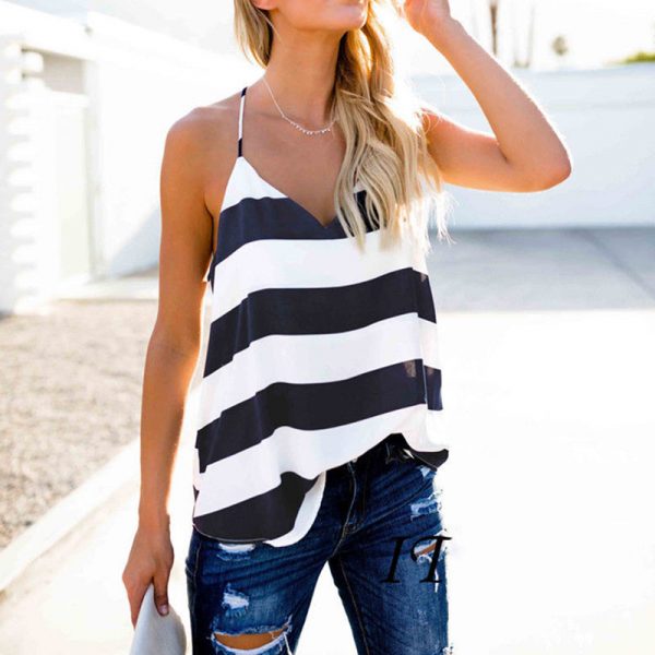 The Best Women Summer Vest Top Striped Sleeveless Tee Shirt Blouse Ladies Beach Casual V-Neck Loose Tank Tops T-Shirt Online - Takalr