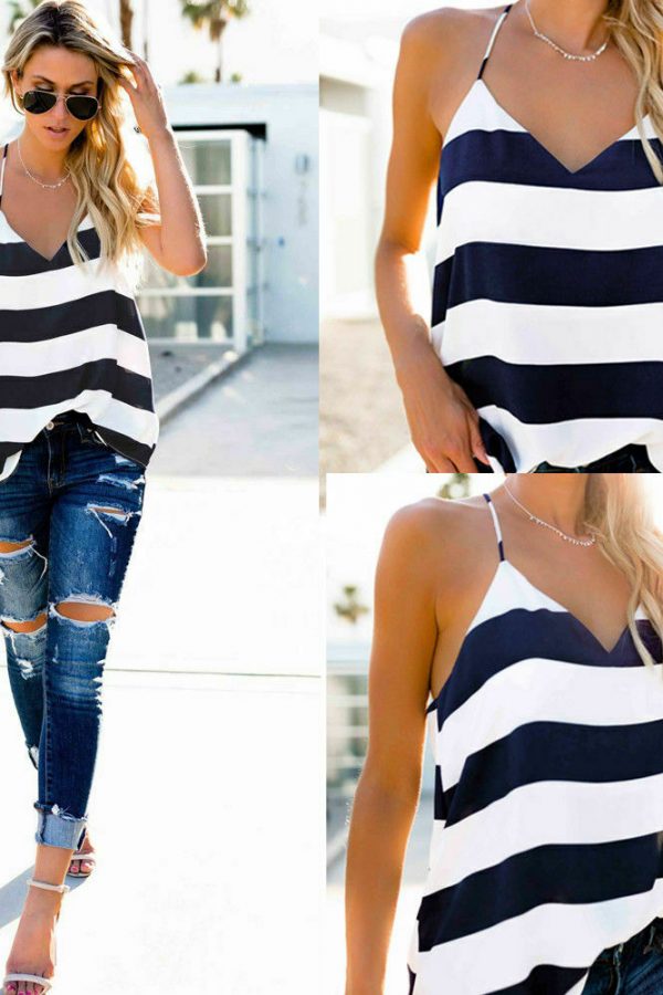 The Best Women Summer Vest Top Striped Sleeveless Tee Shirt Blouse Ladies Beach Casual V-Neck Loose Tank Tops T-Shirt Online - Takalr