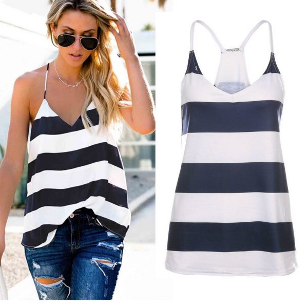 The Best Women Summer Vest Top Striped Sleeveless Tee Shirt Blouse Ladies Beach Casual V-Neck Loose Tank Tops T-Shirt Online - Takalr