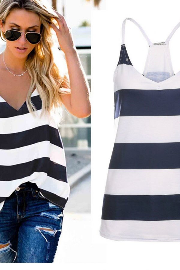 The Best Women Summer Vest Top Striped Sleeveless Tee Shirt Blouse Ladies Beach Casual V-Neck Loose Tank Tops T-Shirt Online - Takalr