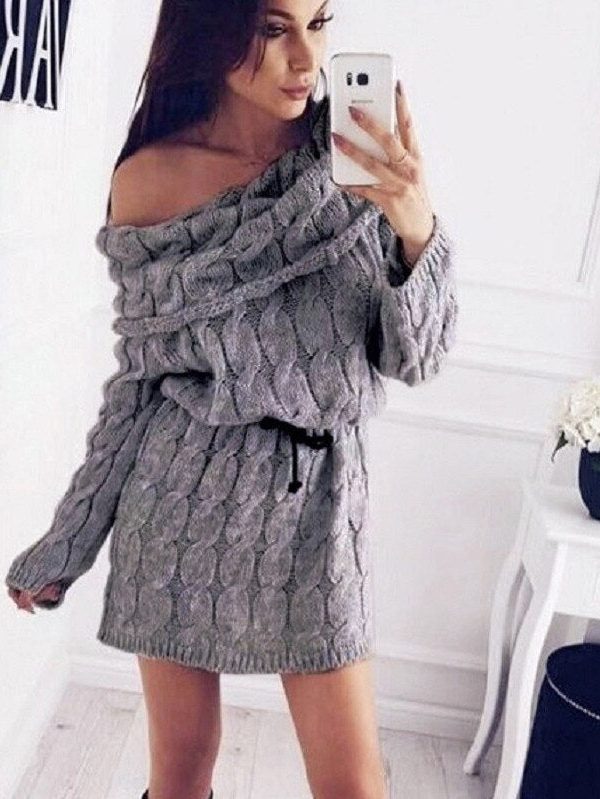 The Best Women Sweater Dress Winter Off Shoulder Wrap Sweater Dress Loose Short Knitted Dress Paragraph Long Sleeve Crochet Dress Online - Takalr