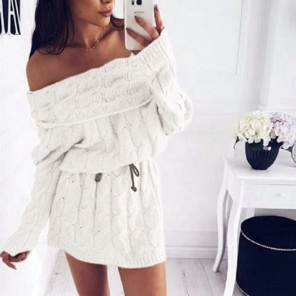 The Best Women Sweater Dress Winter Off Shoulder Wrap Sweater Dress Loose Short Knitted Dress Paragraph Long Sleeve Crochet Dress Online - Takalr