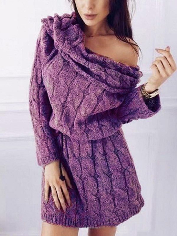 The Best Women Sweater Dress Winter Off Shoulder Wrap Sweater Dress Loose Short Knitted Dress Paragraph Long Sleeve Crochet Dress Online - Takalr