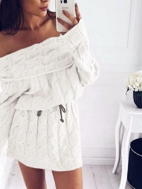 The Best Women Sweater Dress Winter Off Shoulder Wrap Sweater Dress Loose Short Knitted Dress Paragraph Long Sleeve Crochet Dress Online - Takalr