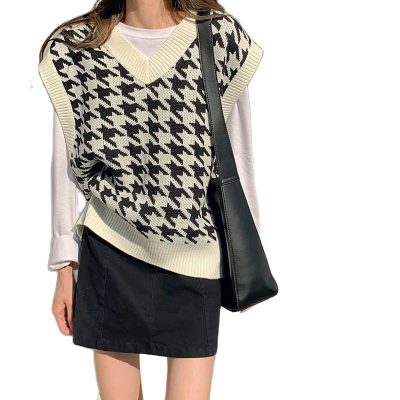 Houndstooth Plaid V-neck Sleeveless Knitted Vintage Loose Oversized Female Sweater Vest Tops