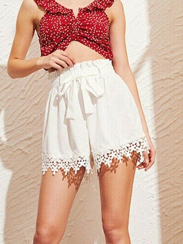 The Best Women Sweet Lace Floral Bandage Shorts Ladies Casual Beach Holiday High Waist Mini Trouser Summer Clothes Online - Takalr