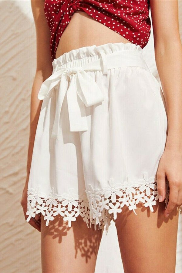 The Best Women Sweet Lace Floral Bandage Shorts Ladies Casual Beach Holiday High Waist Mini Trouser Summer Clothes Online - Takalr