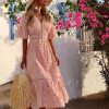 Women Sweet V Neck Hollow Out Single-Breasted Lace Long Dress Elegant Summer Beach Style Holiday Solid Streetwear Dress - Takalr