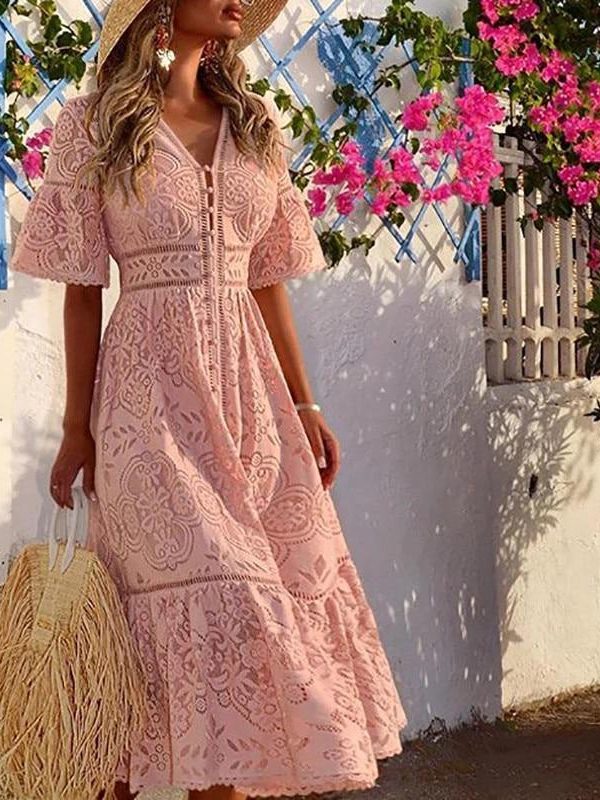 Women Sweet V Neck Hollow Out Single-Breasted Lace Long Dress Elegant Summer Beach Style Holiday Solid Streetwear Dress - Takalr