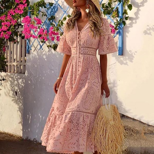 Women Sweet V Neck Hollow Out Single-Breasted Lace Long Dress Elegant Summer Beach Style Holiday Solid Streetwear Dress - Takalr